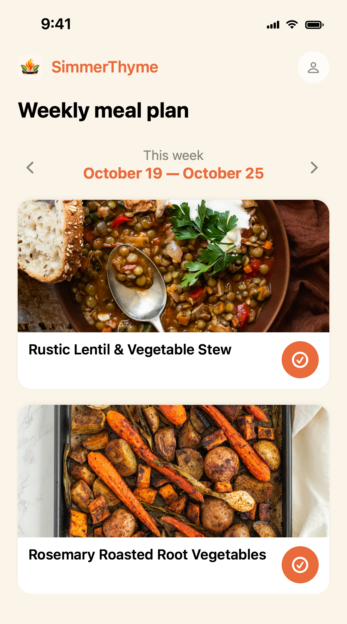 SimmerThyme meal plan showing lentil stew and rosemary roasted vegetables